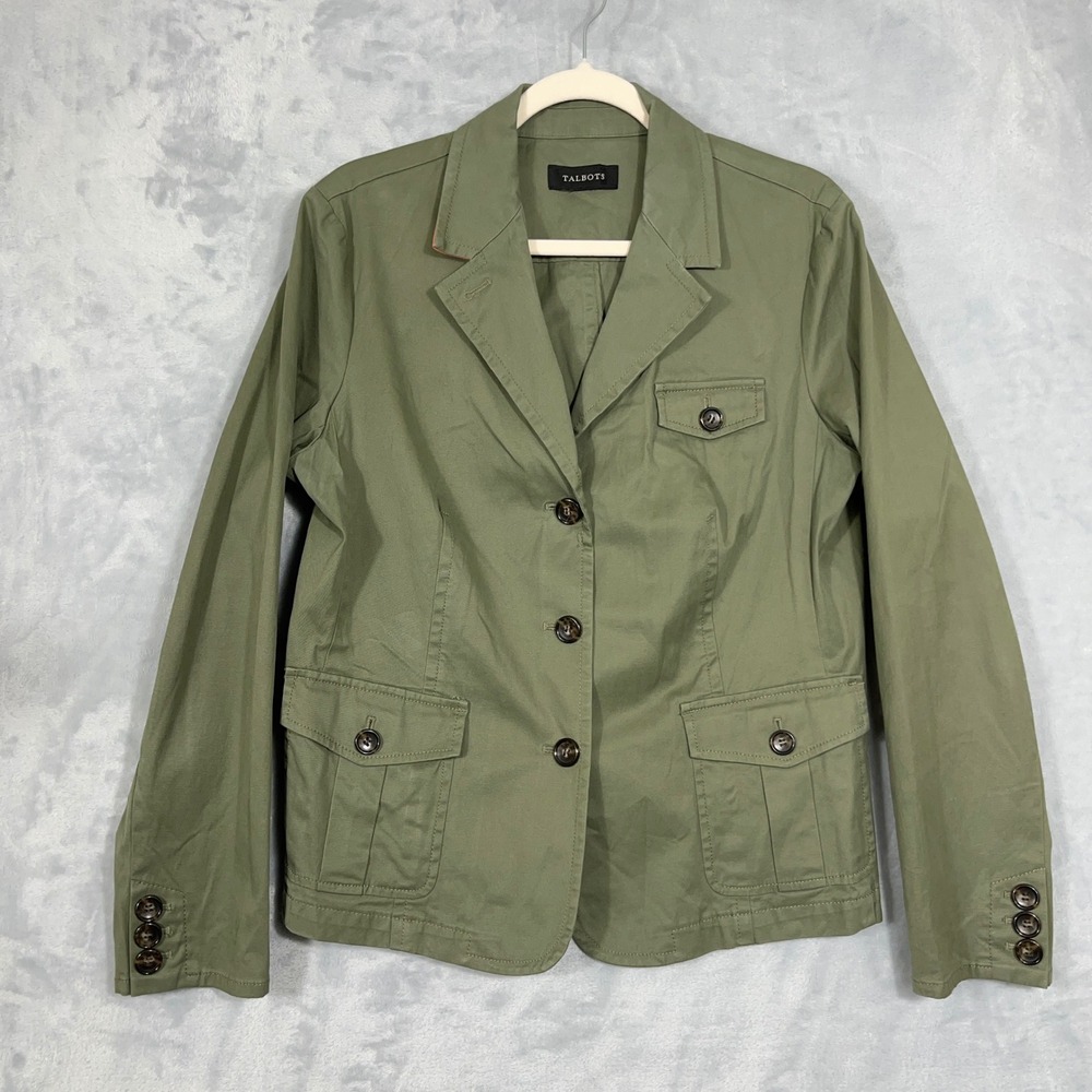 Talbots Womens Jacket 12 Military Green Utility Cotton Stretch Field Coat Pocket